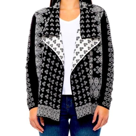 Lucky Brand Black and White Patterned Waterfall Open Front Cardigan Size Medium - Picture 2 of 10